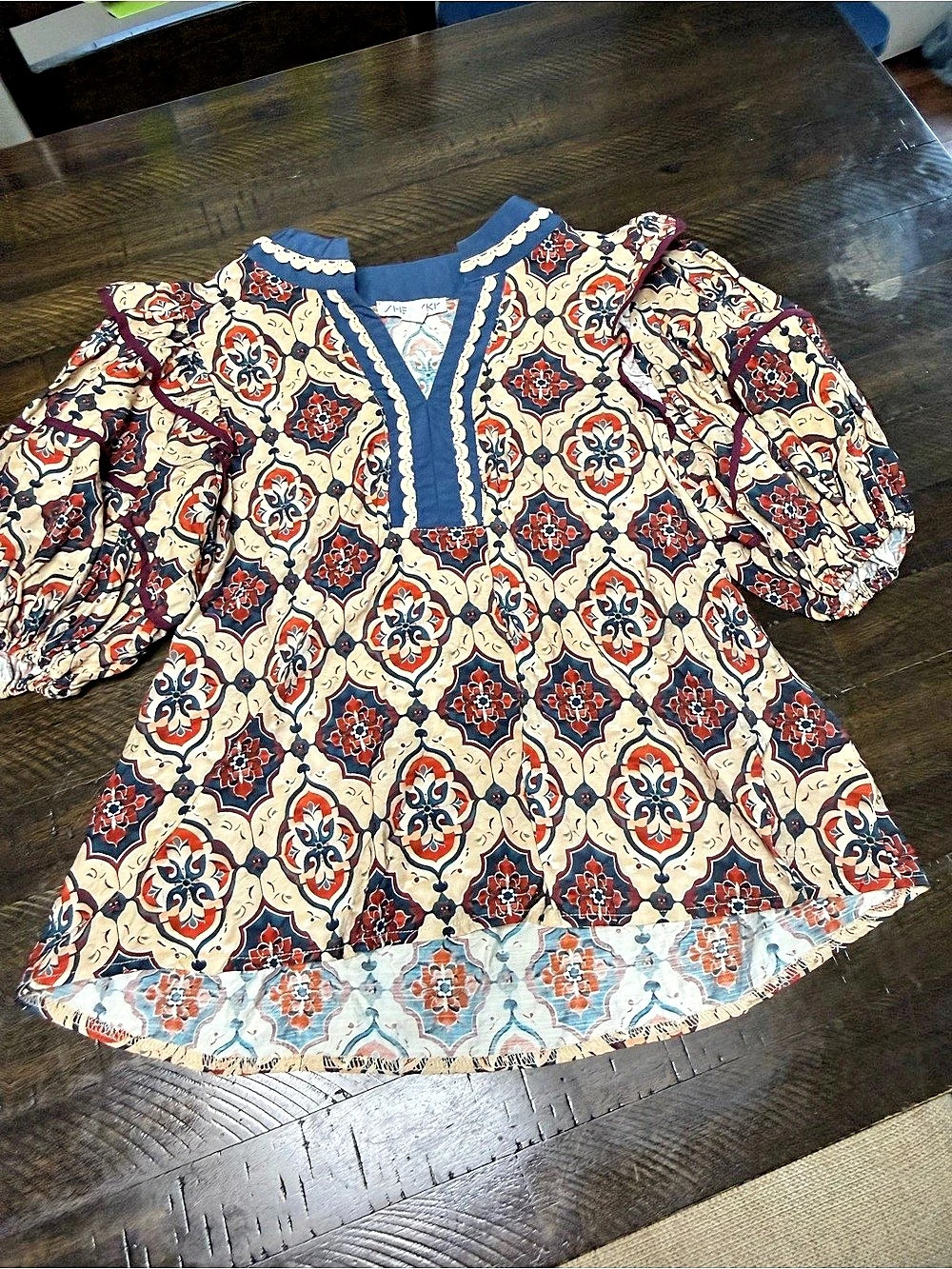 She + Sky Printed Tunic Top in Blue & Red Size Small